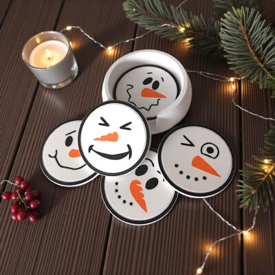 Ensemble de 6 dessous de verre bonhommes de neige + support