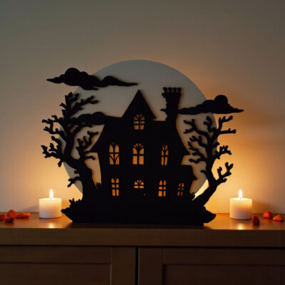 Maison hantée sur colline d’Halloween (veilleuse DEL)