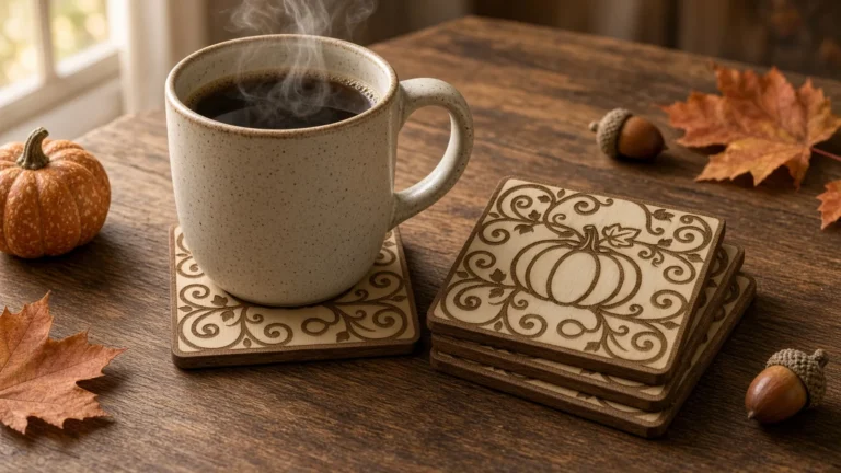 Ensemble de sous-verres en bois gravés au laser d'une citrouille, faits à Farnham