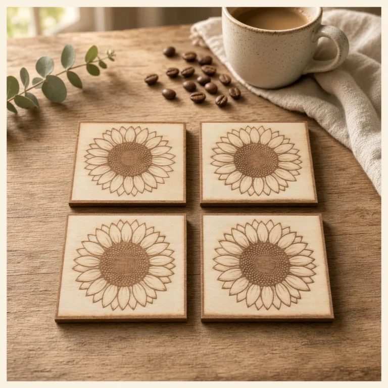 Quatre sous-verres carrés en bois gravés au laser d'un tournesol