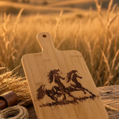 Planche à découper en bambou gravée au laser de chevaux au galop