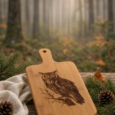 Planche à découper en bambou gravée au laser d'un hibou