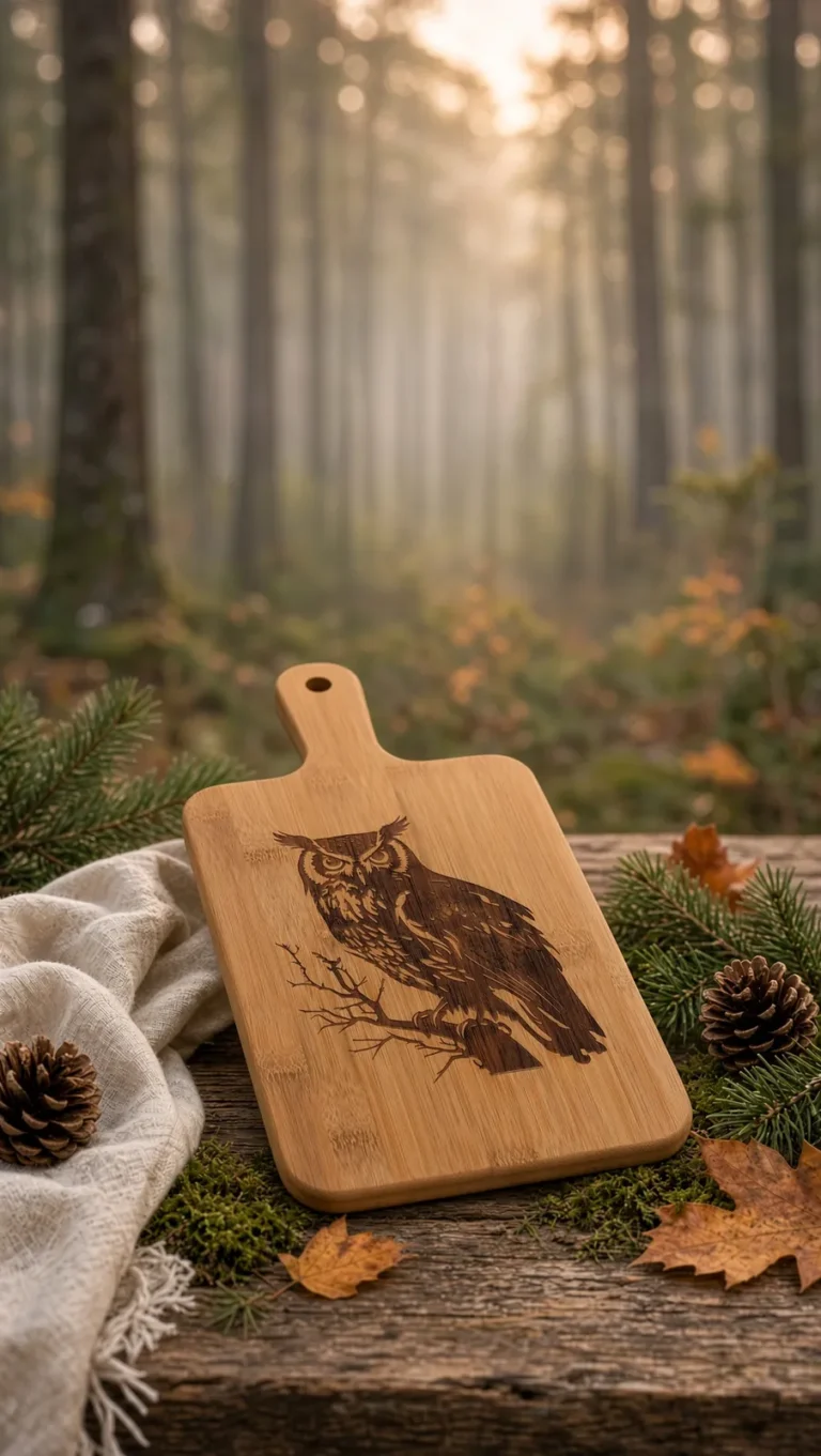 Planche à découper en bambou gravée au laser d'un hibou