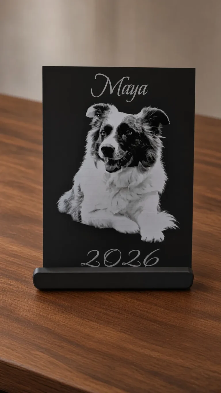 Plaque en acrylique noir gravée au laser du portrait d'un chien avec le nom Maya et l'année 2026