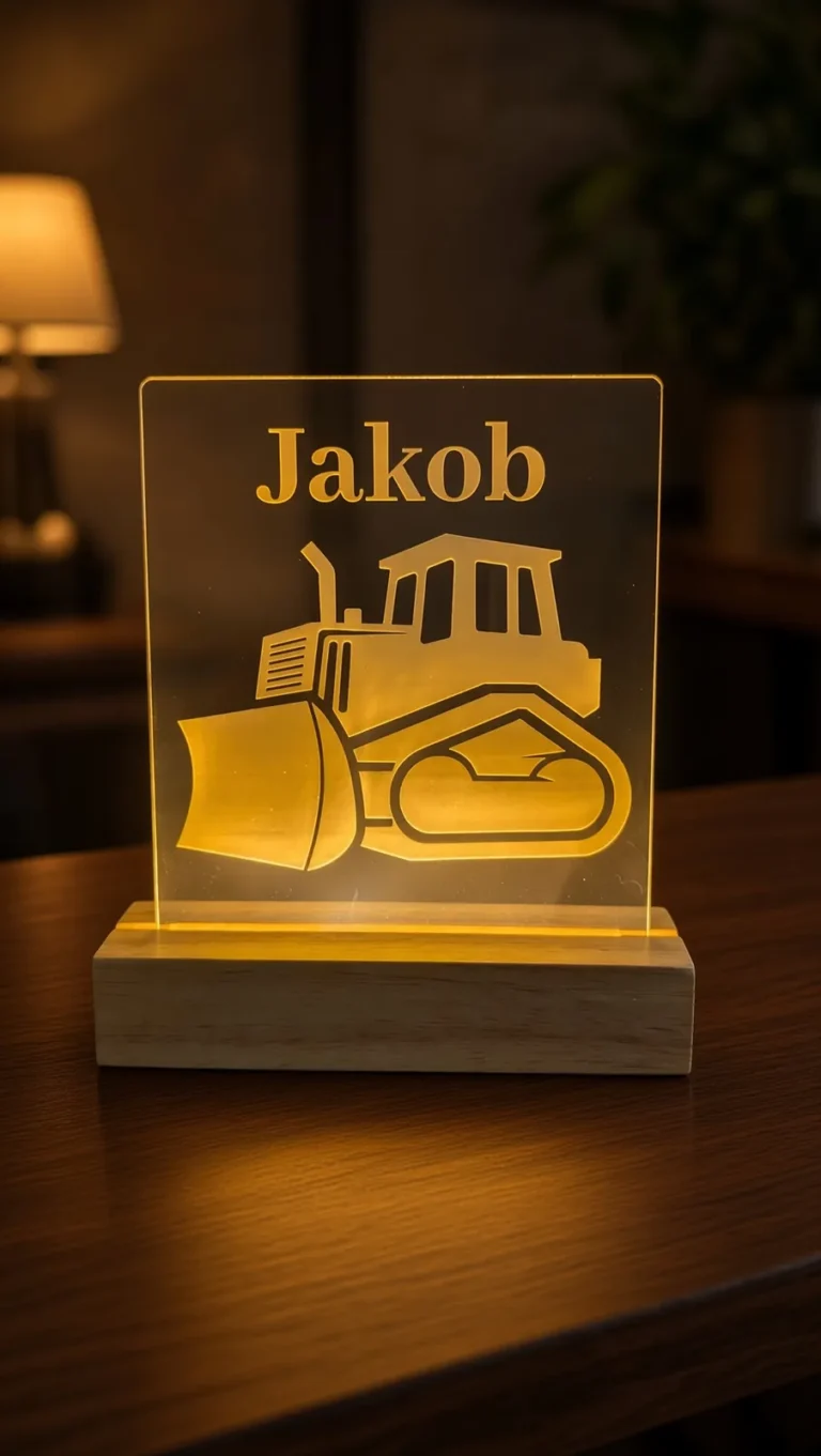 Veilleuse en acrylique gravée au laser du prénom Jakob et d'un bouteur, éclairée par DEL sur socle de bois