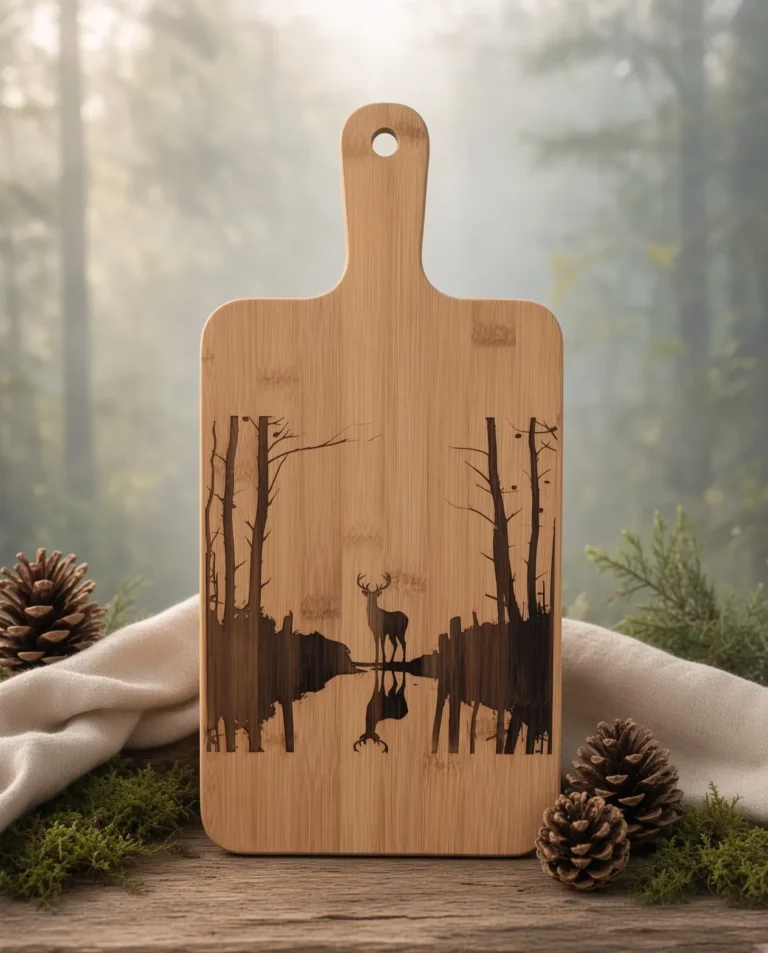 Planche à découper en bambou gravée au laser d'un cerf en forêt