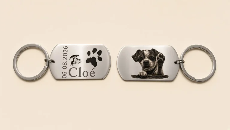 Porte-clés en acier inoxydable gravé au laser du portrait d'un chien, du nom Cloé et d'une empreinte de patte