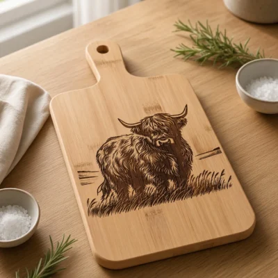 Planche à découper en bambou gravée au laser d'une vache Highland