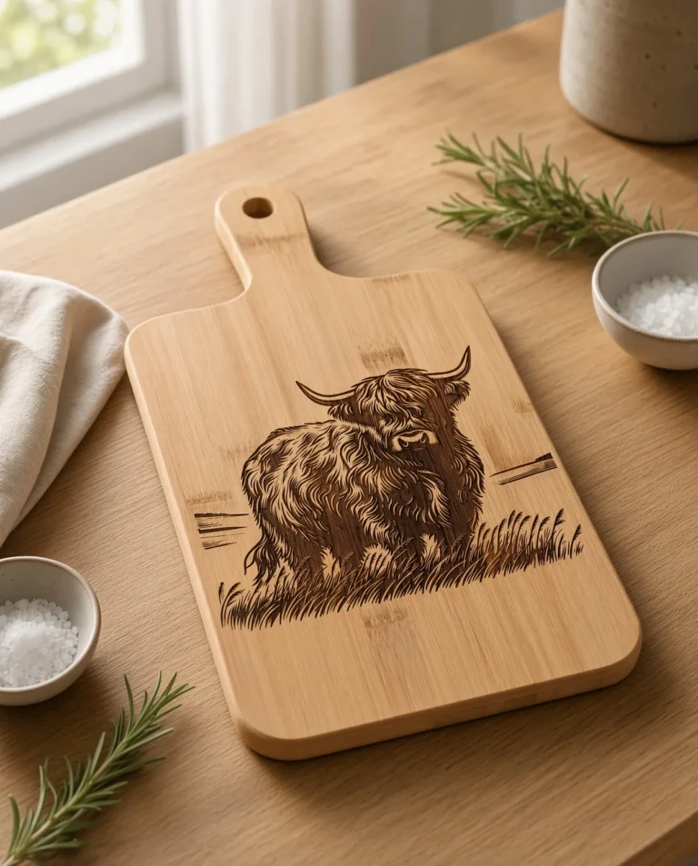 Planche à découper en bambou gravée au laser d'une vache Highland