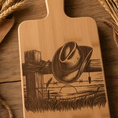 Planche à découper en bambou gravée au laser d'un chapeau de cowboy sur une clôture