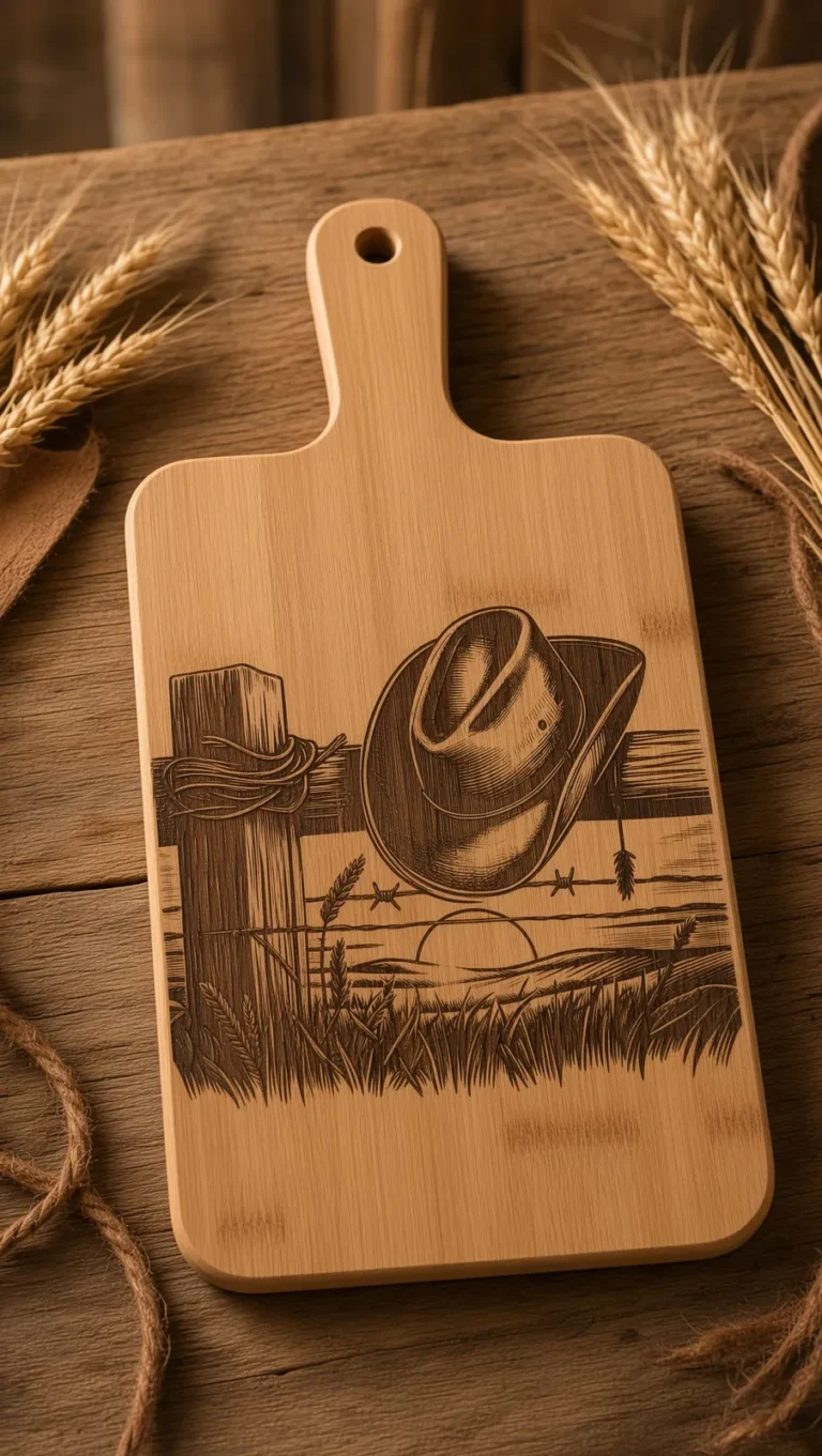 Planche à découper en bambou gravée au laser d'un chapeau de cowboy sur une clôture