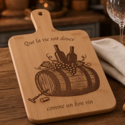 Planche à découper en bambou gravée au laser d’un tonneau de vin et de la citation « Que la vie soit douce comme un bon vin »
