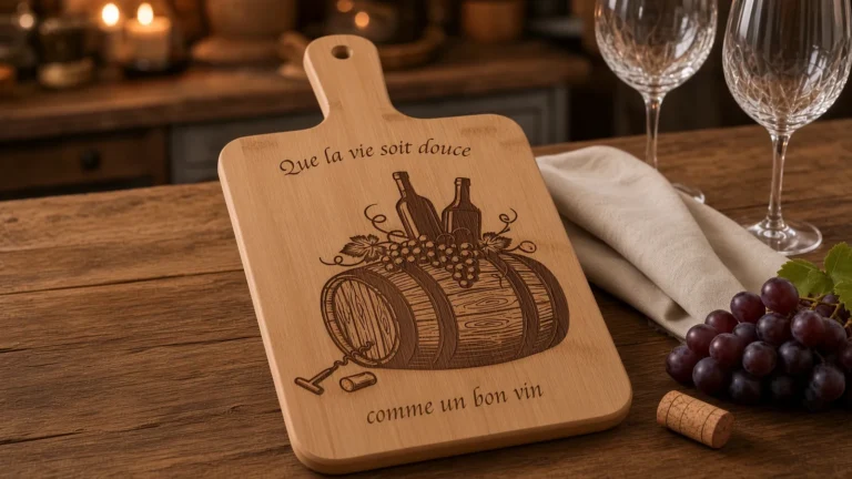 Planche en bambou gravée au laser de la citation « Que la vie soit douce comme un bon vin »