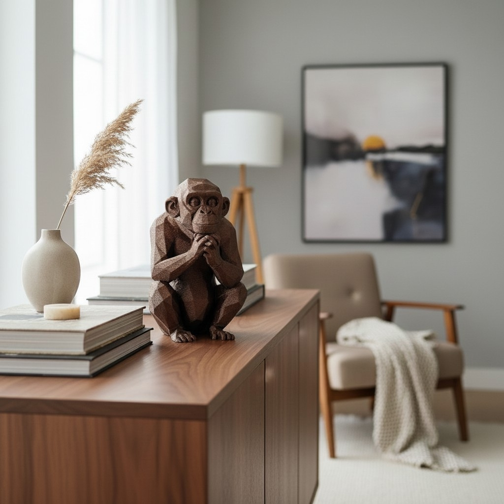 Chimpanzé low poly pensif, impression 3D, photo 2