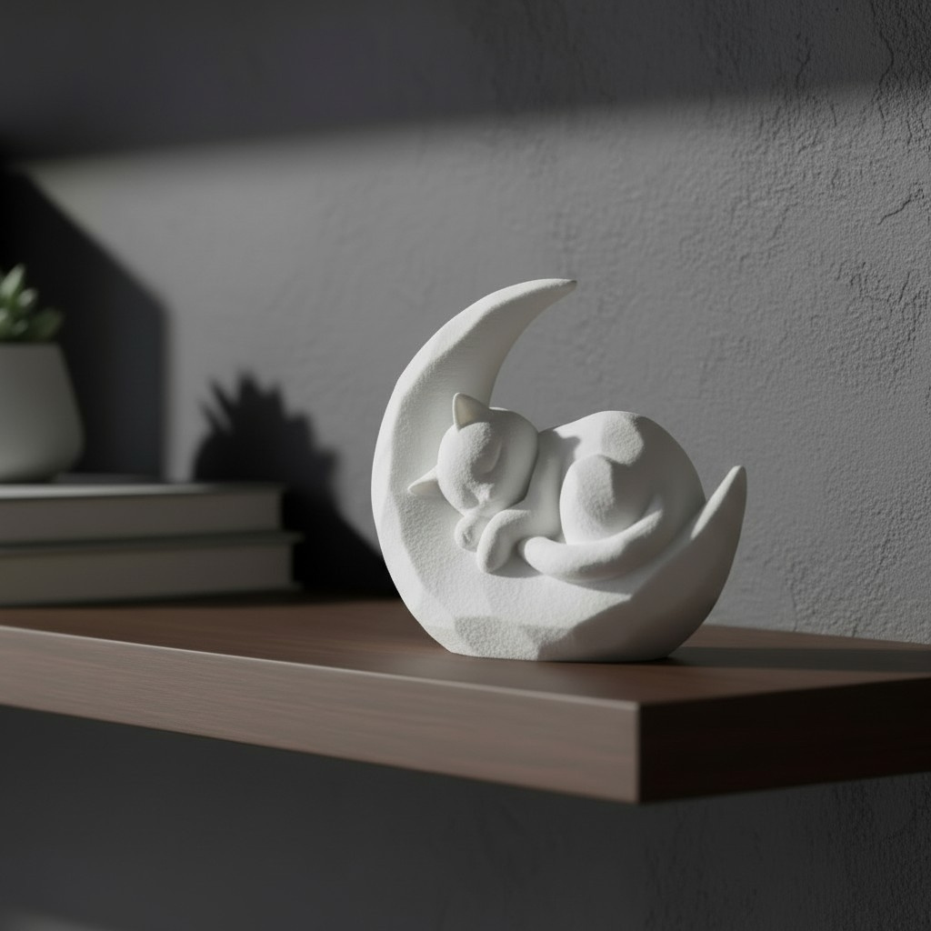 Kitten sleeping on a crescent moon, 3D printed