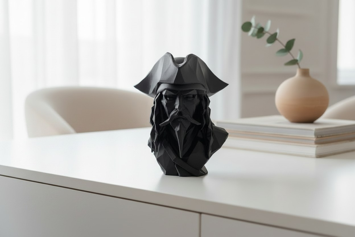 Low-poly Caribbean pirate bust, 3D printed