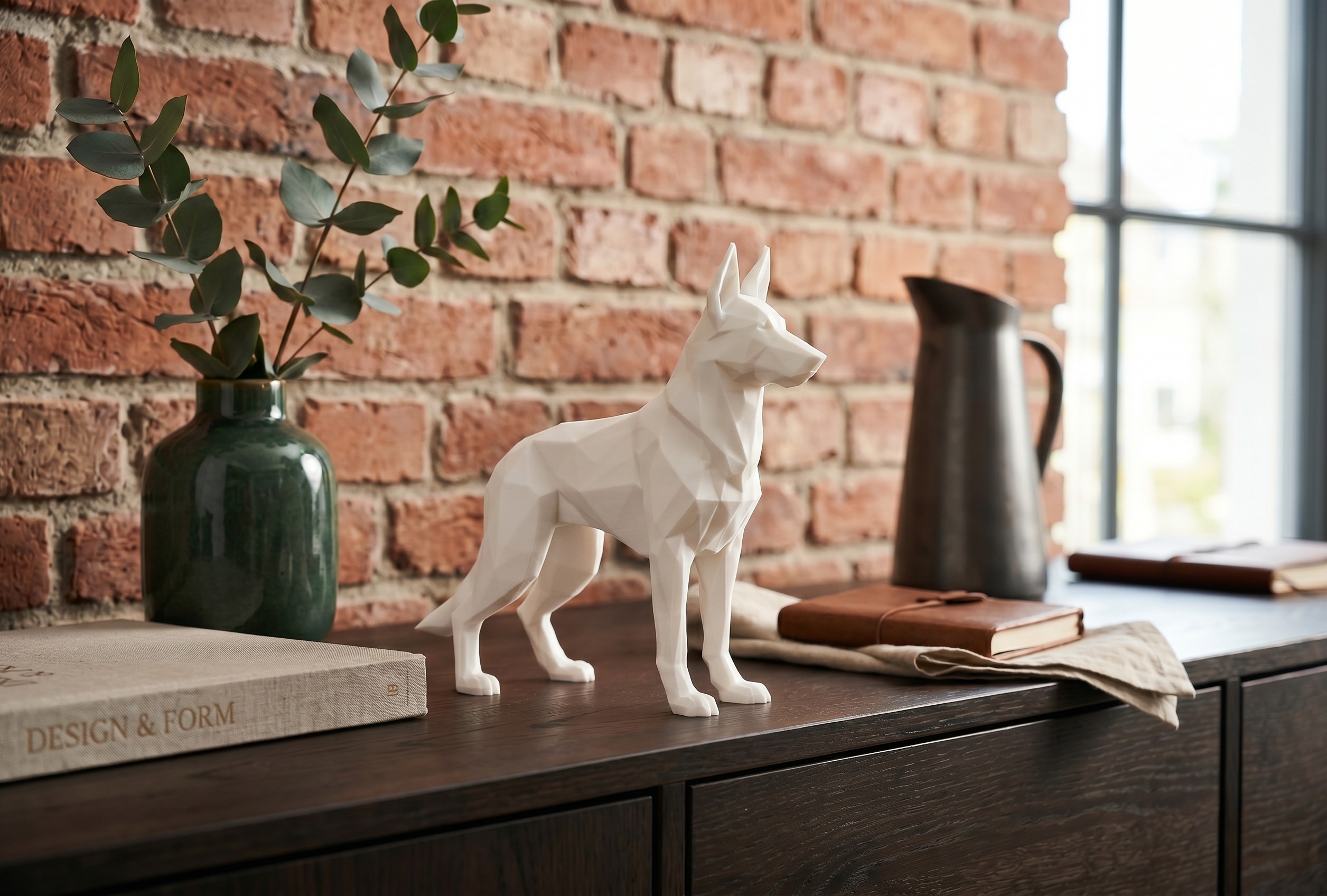 3D-printed low-poly German shepherd sculpture