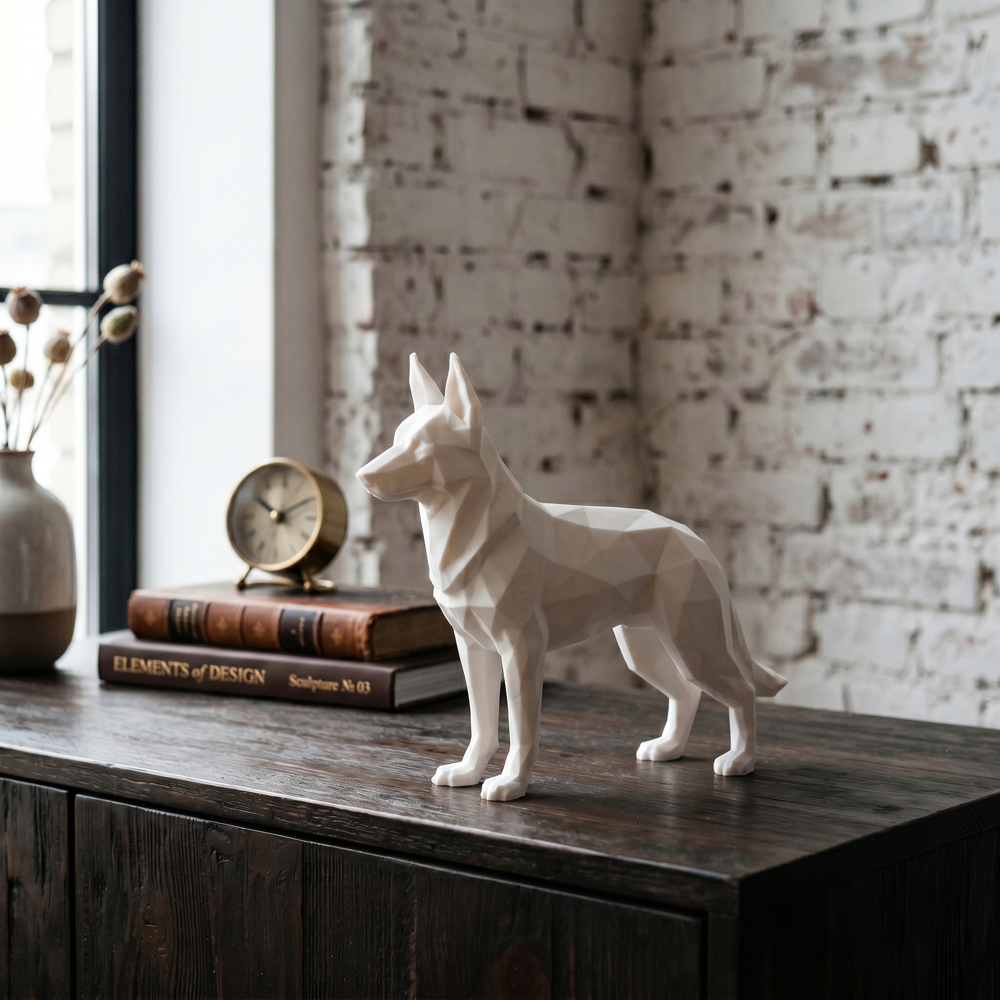 3D-printed low-poly German shepherd sculpture — view 2