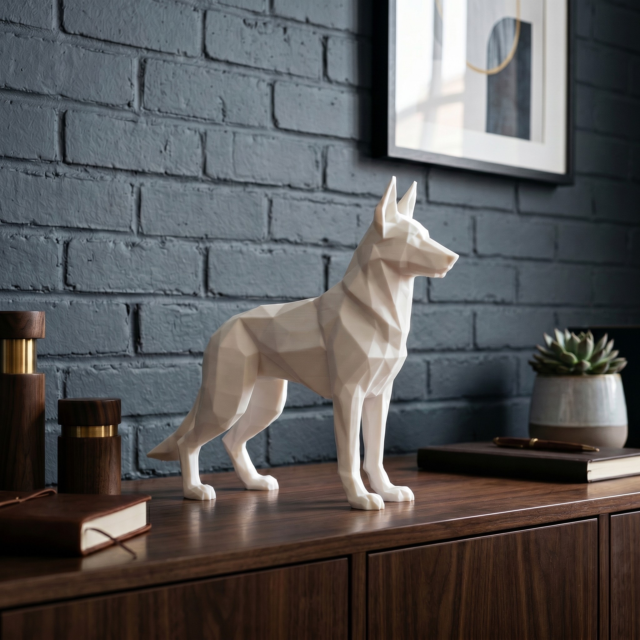 3D-printed low-poly German shepherd sculpture — view 3