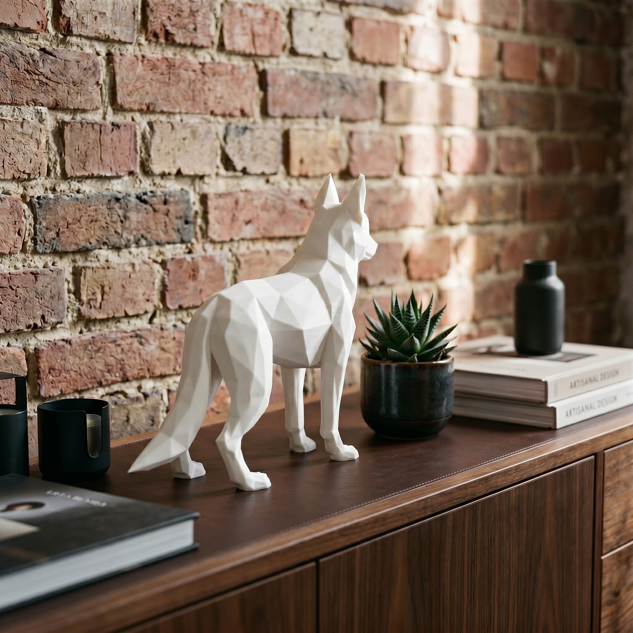 3D-printed low-poly German shepherd sculpture — view 4