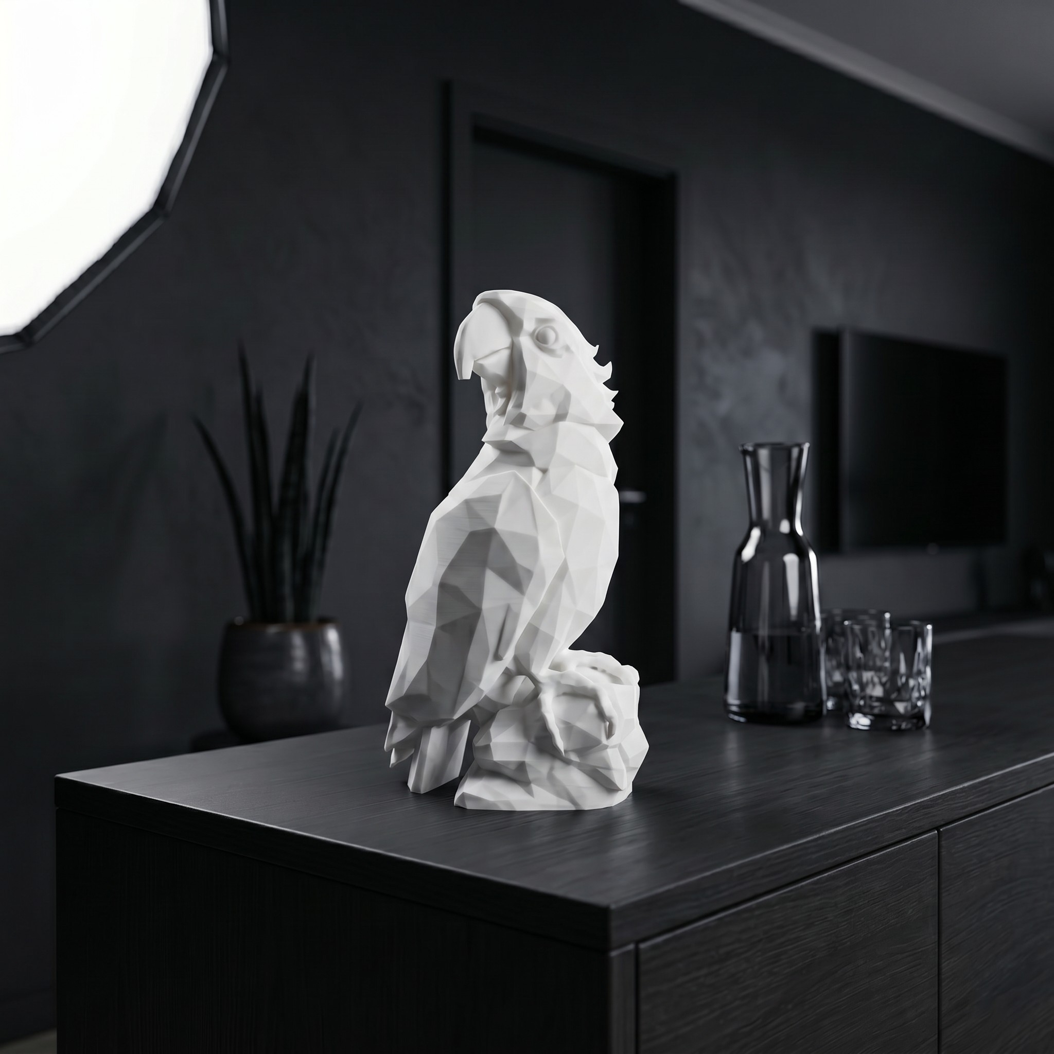 Low-poly parrot sculpture perched on a rock, 3D printed — view 2