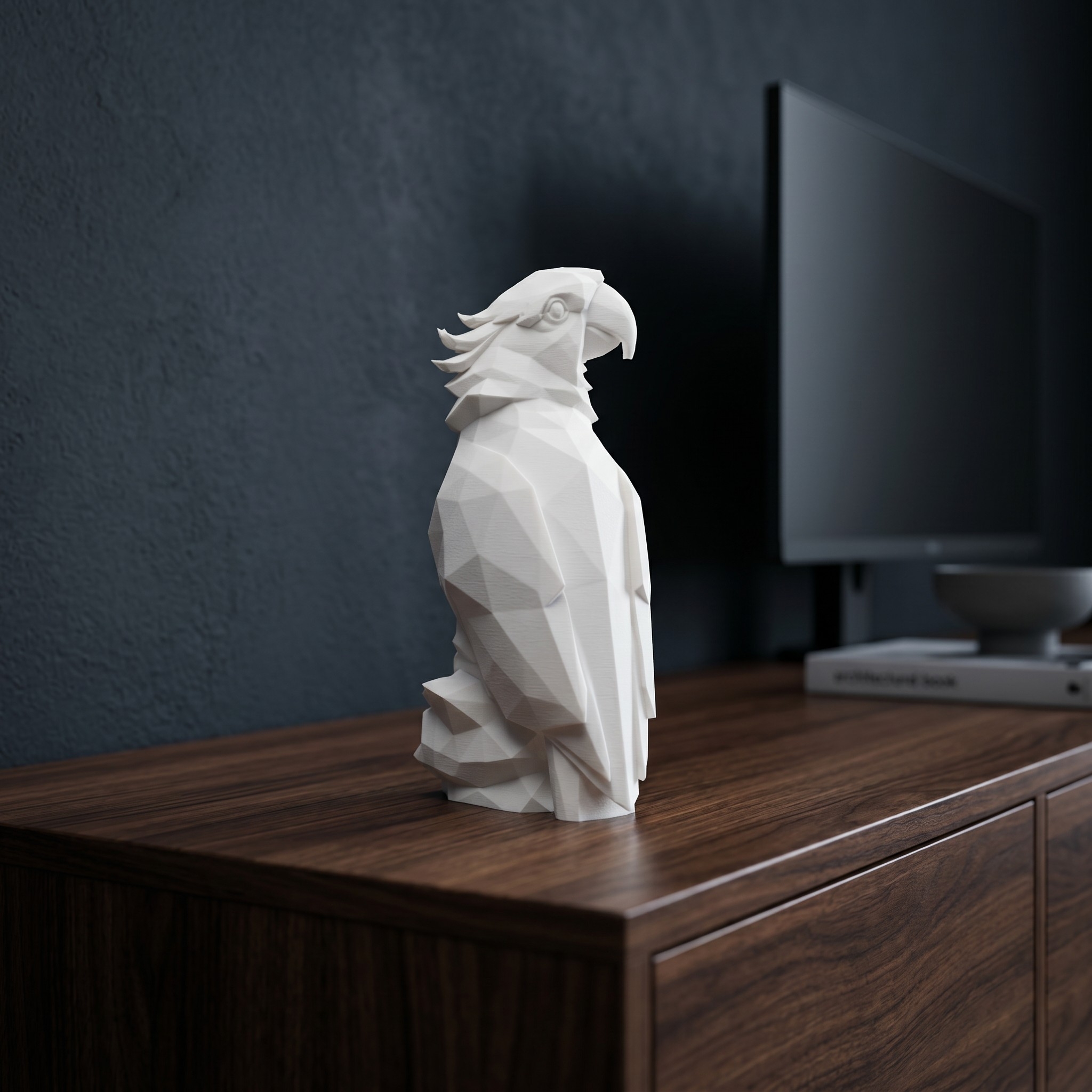 Low-poly parrot sculpture perched on a rock, 3D printed — view 3