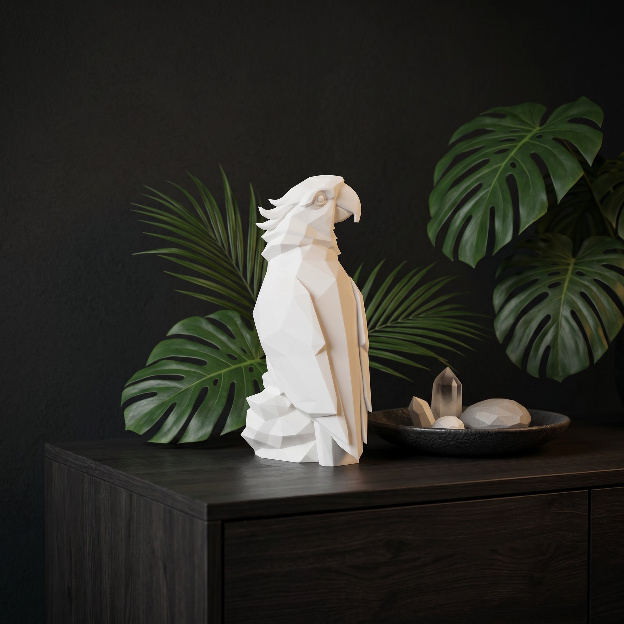 Low-poly parrot sculpture perched on a rock, 3D printed — view 4
