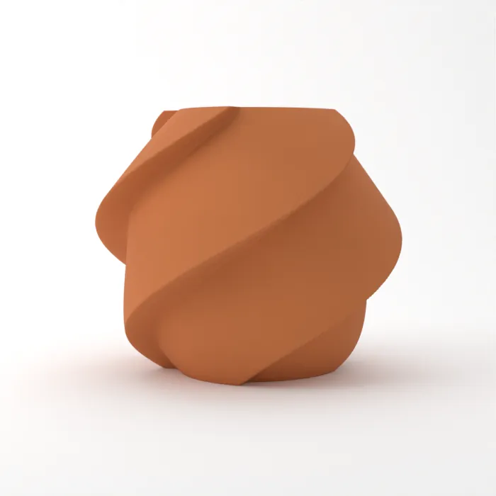 Vase torsadé imprimé en 3D, fini bois, couleur marron argile