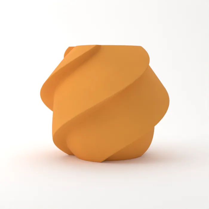 Vase torsadé imprimé en 3D, fini bois, couleur jaune ocre