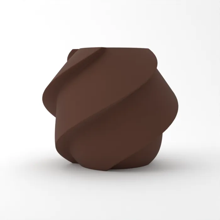 Vase torsadé imprimé en 3D, fini bois, couleur palissandre