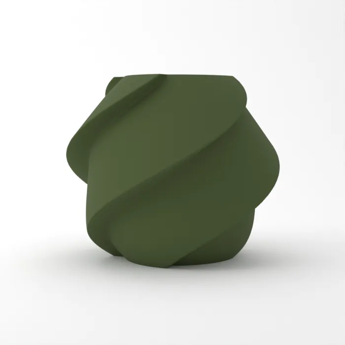 Vase torsadé imprimé en 3D, fini mat, couleur vert foncé