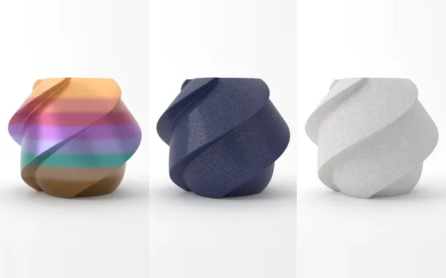 Échantillons de filament PLA à effets : soie multicolore, galaxie et marbre