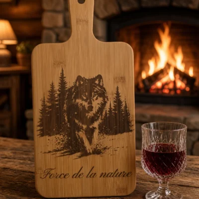Planche à découper en bambou gravée – Loup en forêt « Force de la nature », gravure laser
