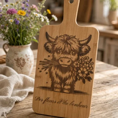 Planche à découper en bambou gravée – Vache Highland « Des fleurs et du bonheur », gravure laser