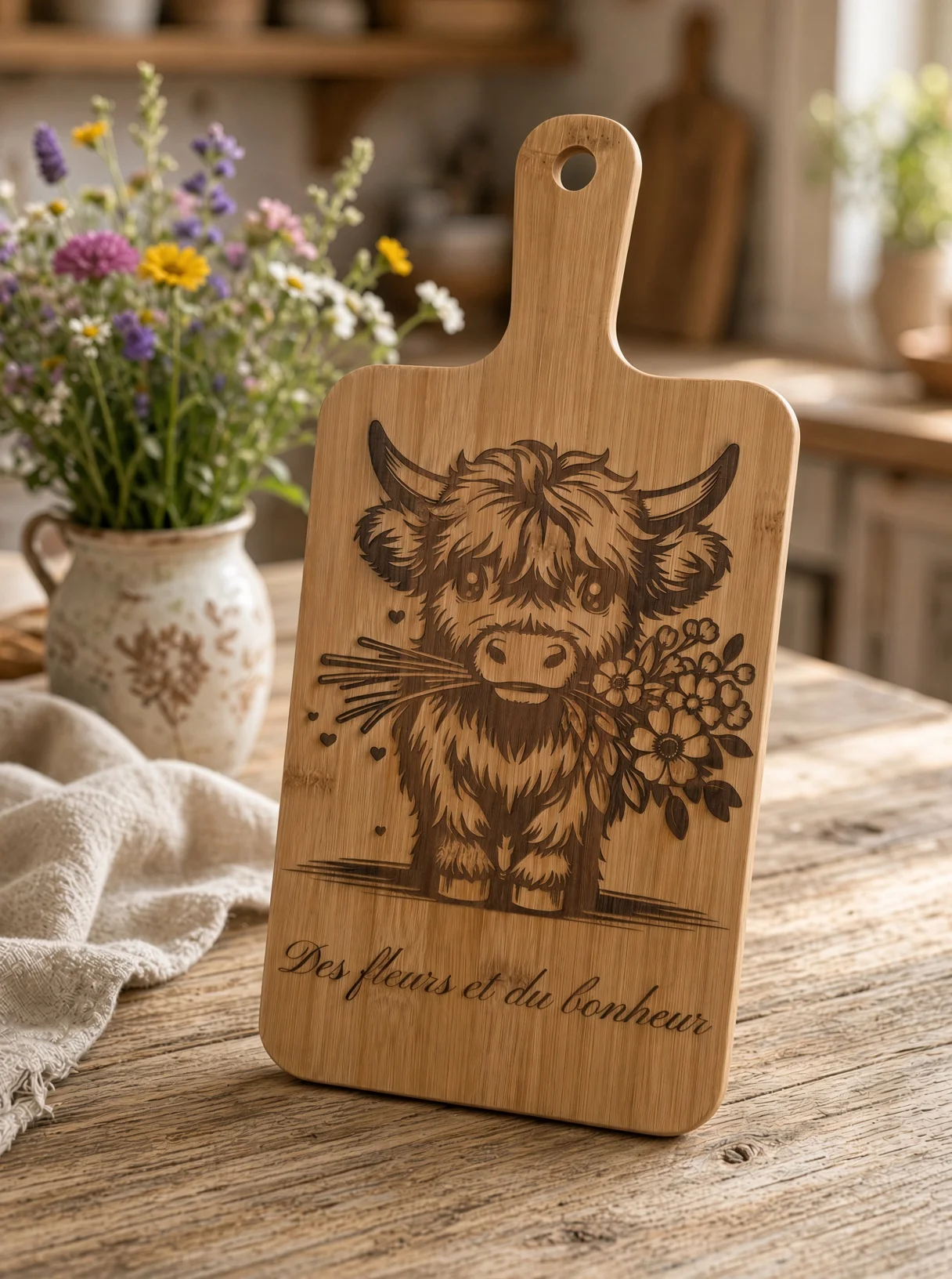 Planche à découper en bambou gravée – Vache Highland « Des fleurs et du bonheur », gravure laser