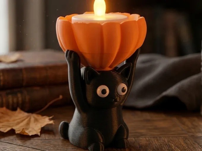 Black cat tealight holder holding an orange pumpkin with a lit LED tealight, on a wooden table, 3D printed