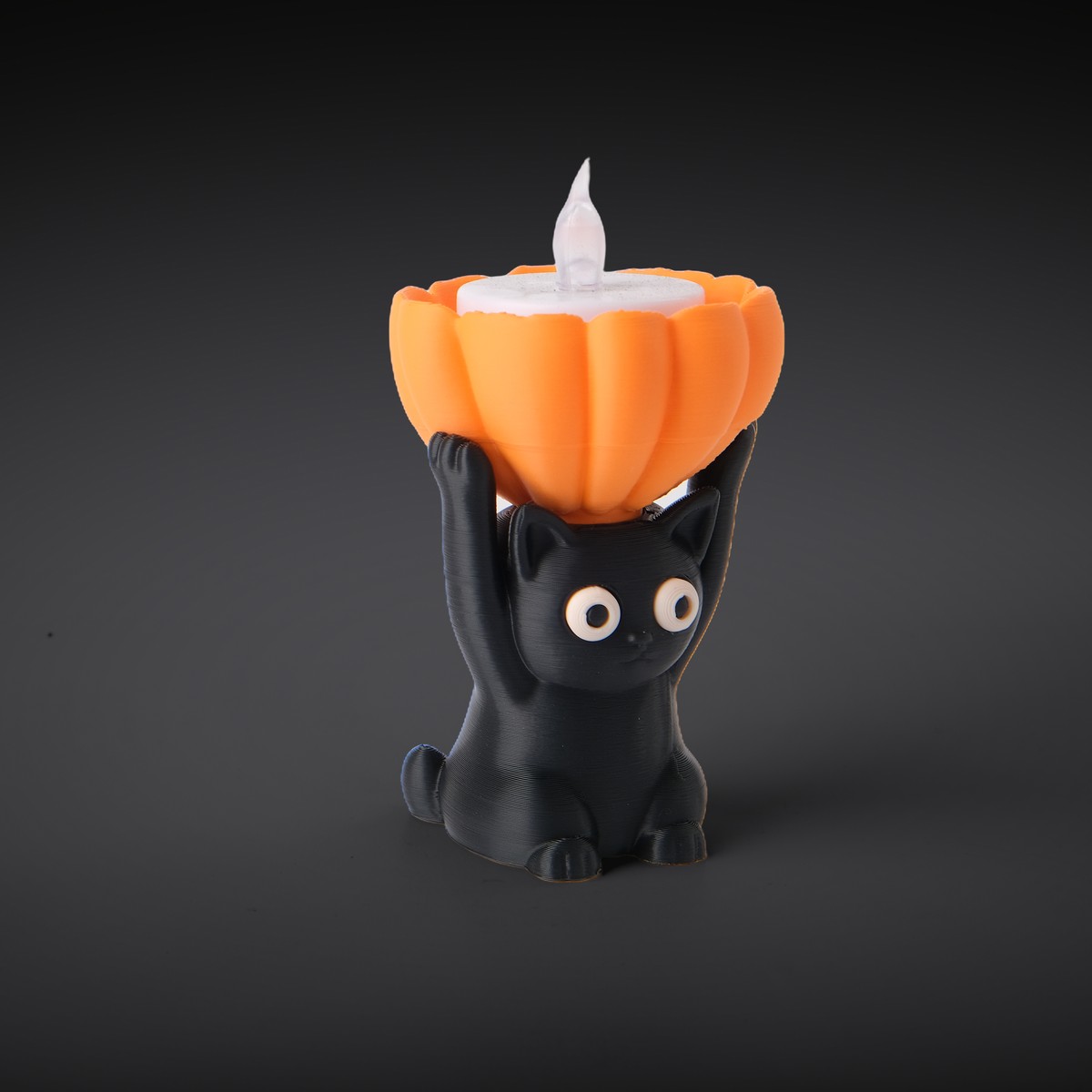 Black cat with a flower tealight holder – LED light, 3D printed