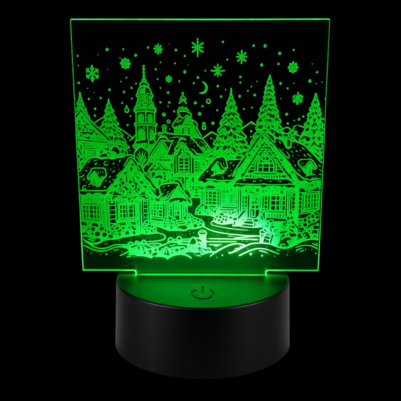 Square laser-engraved acrylic night light: snowy Christmas village, pine trees and snowflakes, on a black LED base lit in green